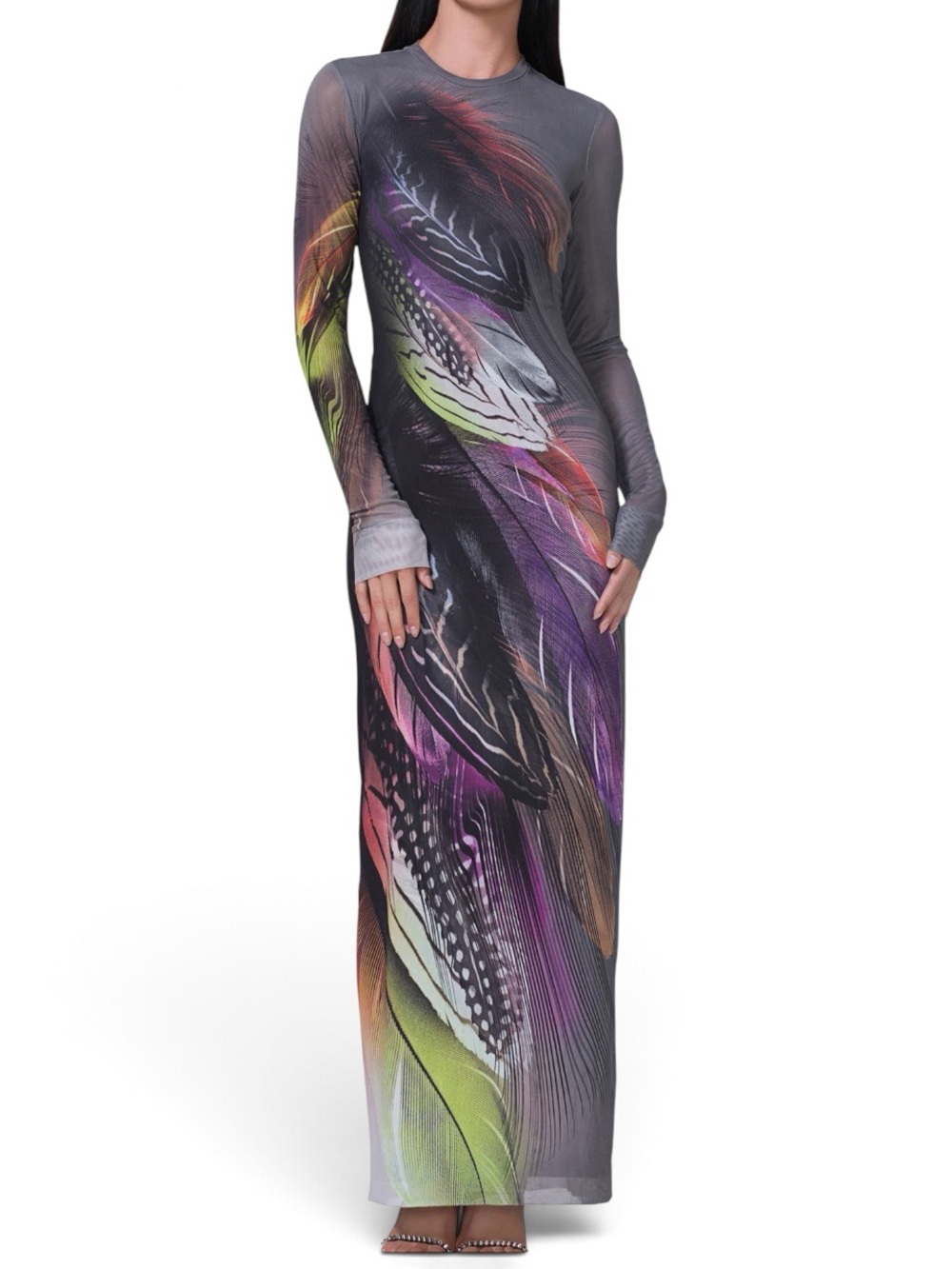 AFRM Didi Long Sleeve Mesh Maxi Dress in Grey Feather Size XL- NEW
